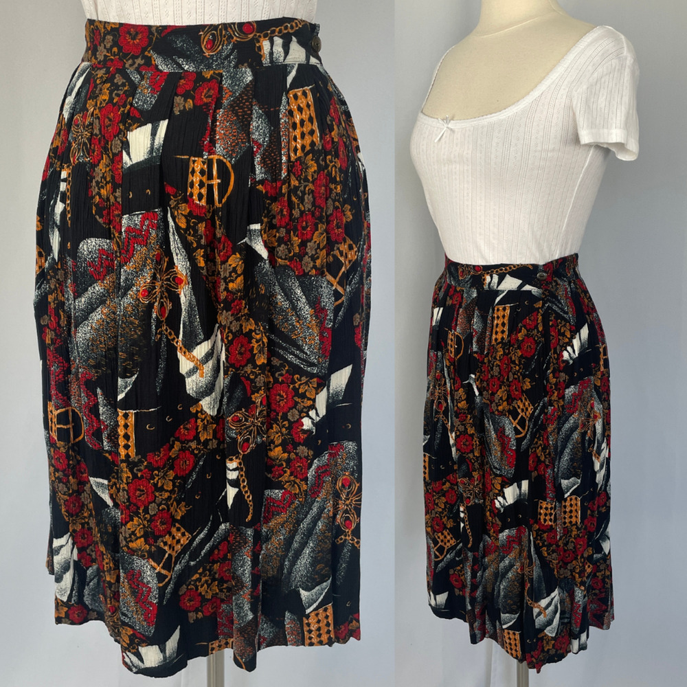 Vintage Midi Skirt Size 10 Petite 10P Black Red Mix Print Floral Preppy Academia
